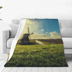 Throw Blanket 60"X50" Lightweight Black Windmill On The Prairie Blanket Reversible Warm Flannel Blanket for Bed Sofa Camping