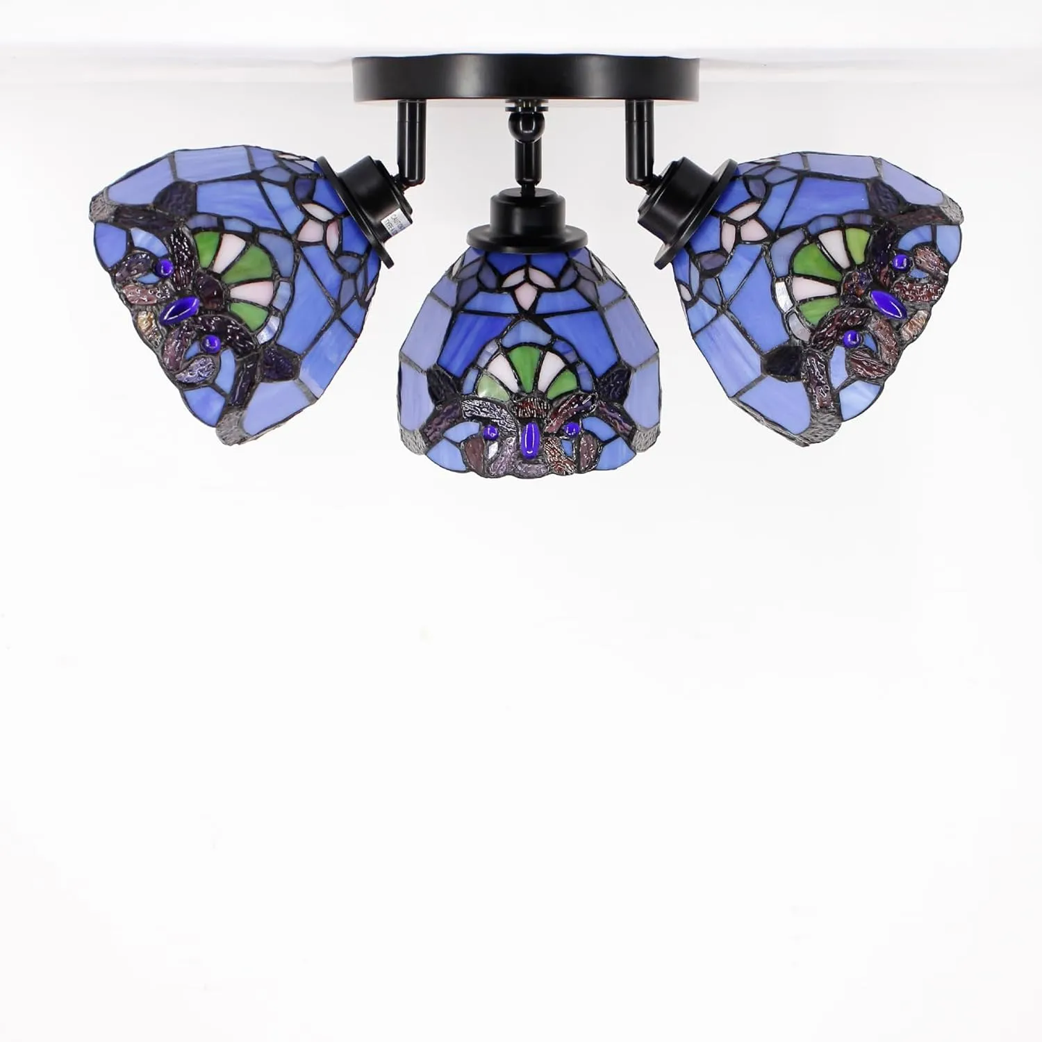Tiffany 3-Light Adjustable Multi-Directional Ceiling Light Stained Glass Blue Baroque Style Hanging Light Fixture Metal Base Ceiling Lamp (Blue Baroque)