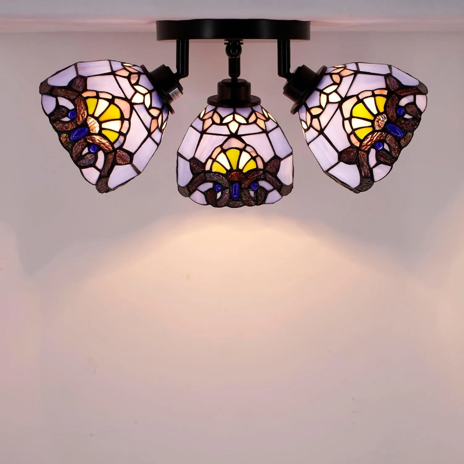 Tiffany 3-Light Adjustable Multi-Directional Ceiling Light Stained Glass Blue Baroque Style Hanging Light Fixture Metal Base Ceiling Lamp (Blue Baroque)