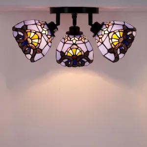 Tiffany 3-Light Adjustable Multi-Directional Ceiling Light Stained Glass Blue Baroque Style Hanging Light Fixture Metal Base Ceiling Lamp (Blue Baroque)