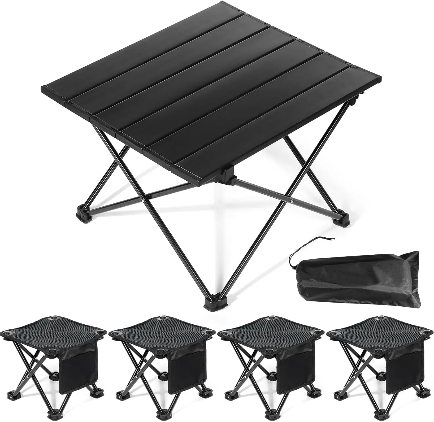Tioncy 5 Pcs Collapsible Portable Camping Table and Camping Stool Set Include Aluminum Folding Table and 4 Portable Folding Stool for Outdoor Picnic Camp Travel Beach Walking Hiking Fishing, Black