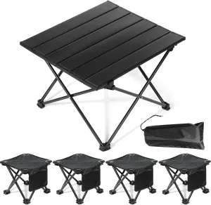 Tioncy 5 Pcs Collapsible Portable Camping Table and Camping Stool Set Include Aluminum Folding Table and 4 Portable Folding Stool for Outdoor Picnic Camp Travel Beach Walking Hiking Fishing, Black