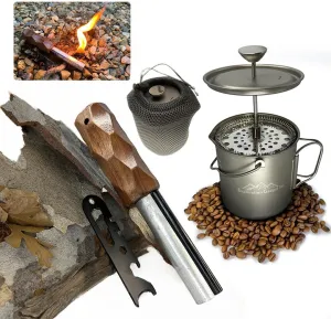 Titanium Camping Coffee Maker with Magnesium Ferro Rod and Waxed Roped Tinder