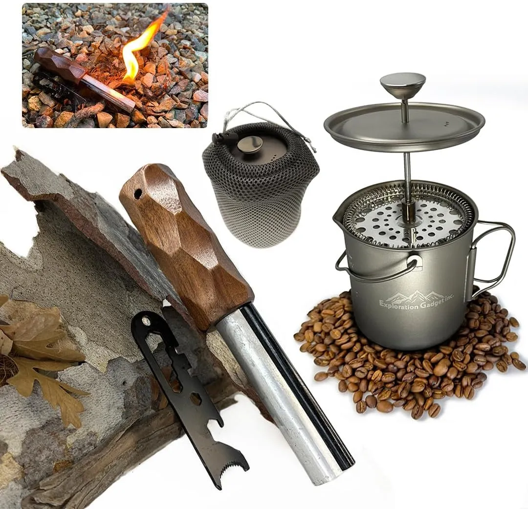 Titanium Camping Coffee Maker with Magnesium Ferro Rod and Waxed Roped Tinder