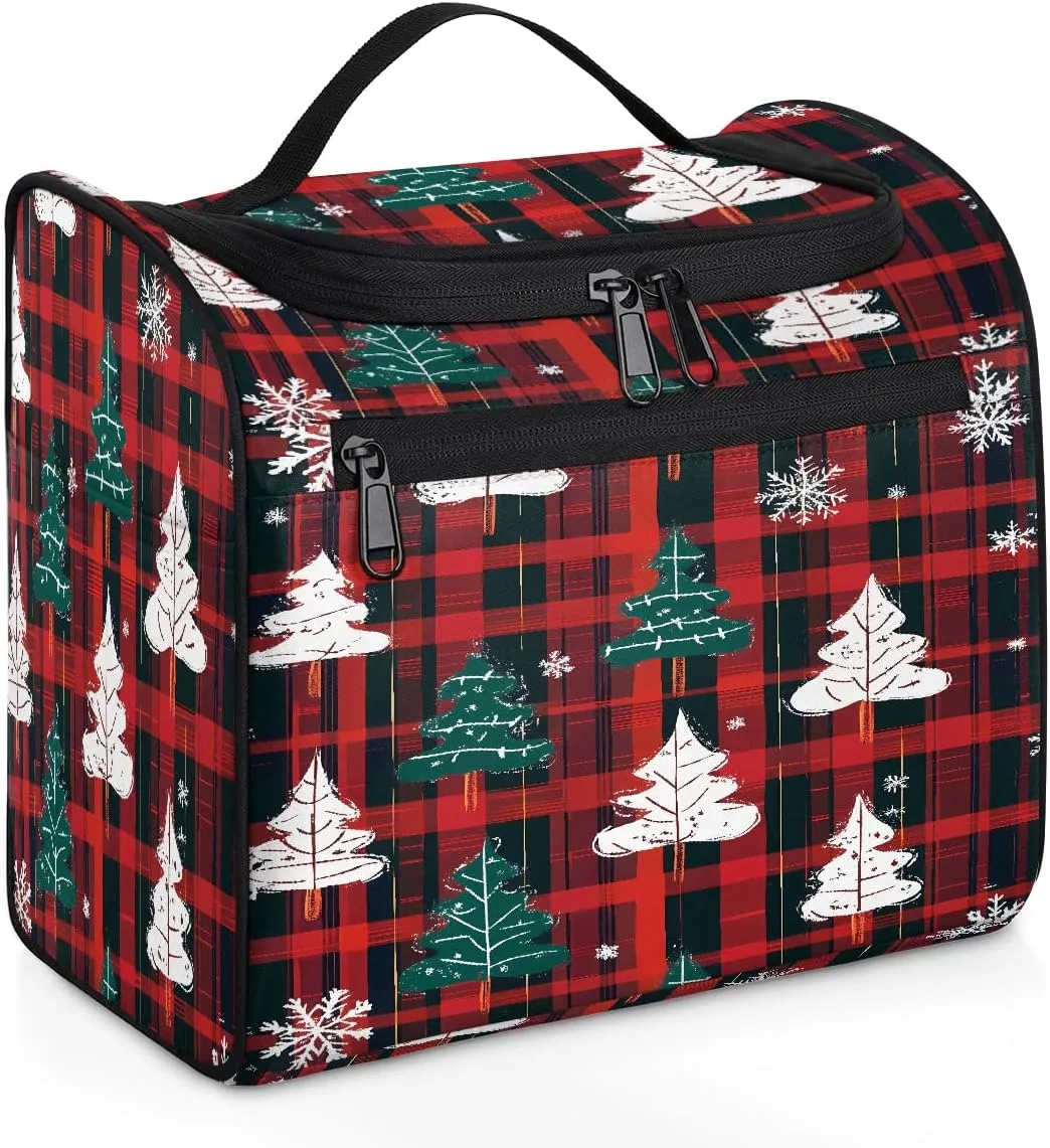 Toiletry Bag for Women Men Classic Red Black Plaid Christmas Tree Large Toiletry Bags with Hanging Hook Waterproof Makeup Cosmetic Bag for Travel Toiletries