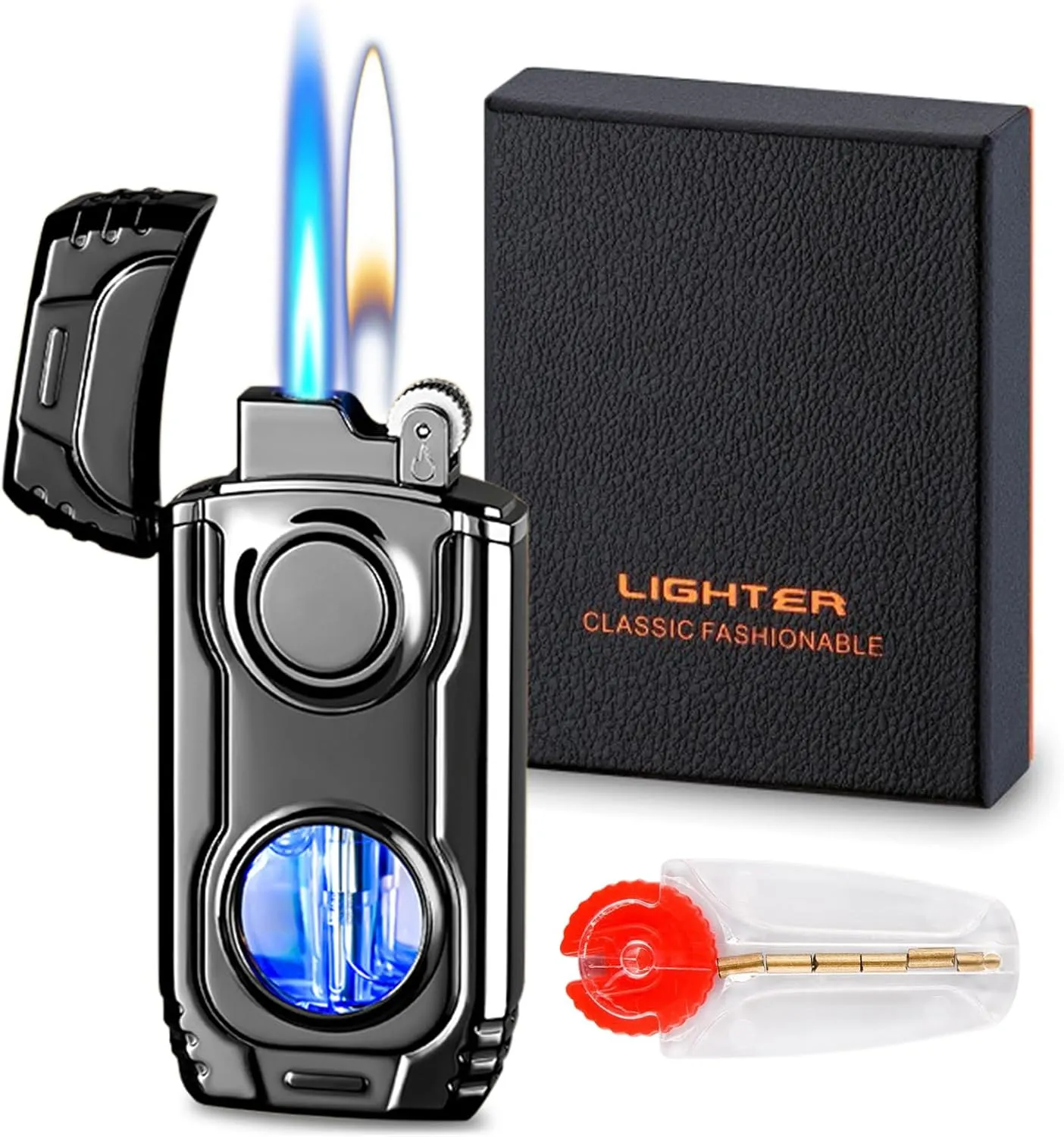 Torch Lighter, Cool Mecha Design Dual Flame Lighter, Refillable Butane Lighter with Visible Gas Window, Windproof Adjustable Jet Flame and Soft Flame, Great Gifts for Men(Without Butane)-Black Ice