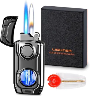 Torch Lighter, Cool Mecha Design Dual Flame Lighter, Refillable Butane Lighter with Visible Gas Window, Windproof Adjustable Jet Flame and Soft Flame, Great Gifts for Men(Without Butane)-Black Ice