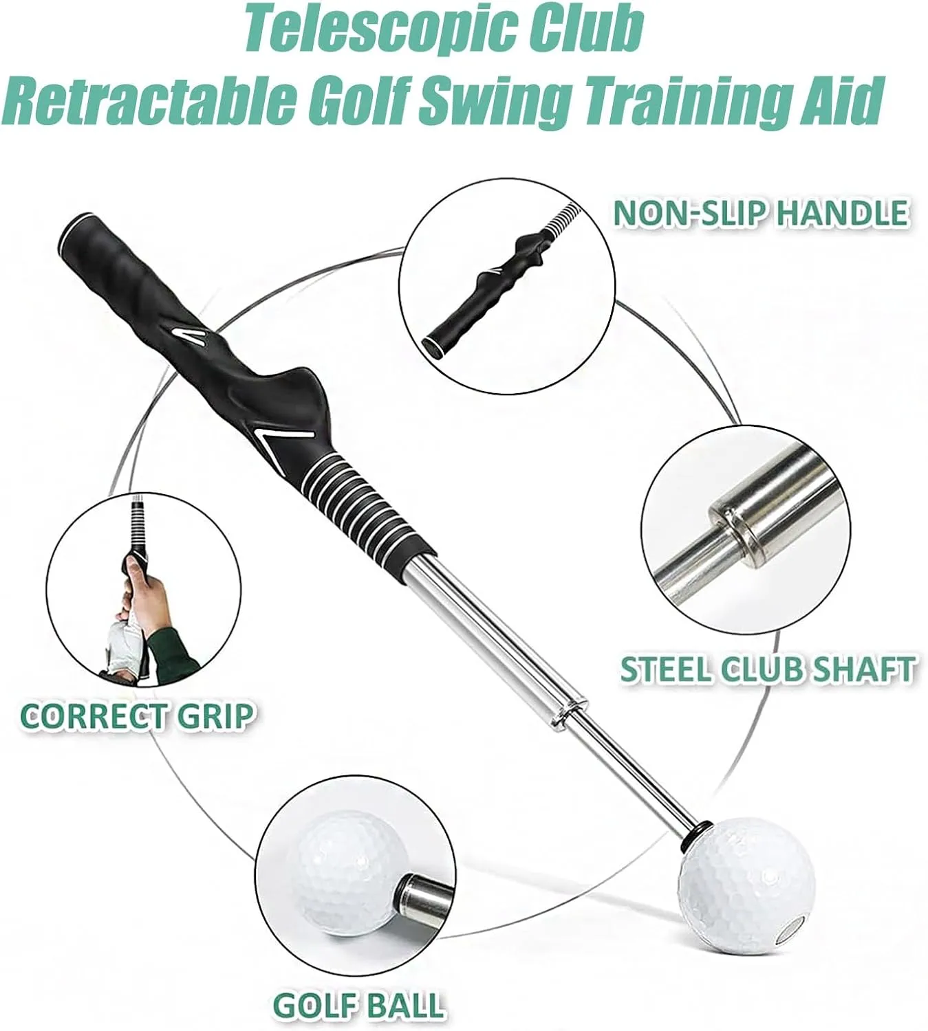 Toselfwith Telescopic Club, Retractable Golf Swing Training Aid, Golf Grip Trainer with Click Feedback, Strength & Tempo Training for Chipping Hitting, for Right & Left-Handed Golfers
