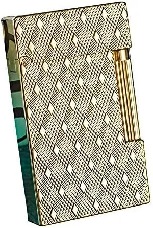 Traditional Flame Cigar Lighter Inflatable Soft Flame Brass Lighters with Adjustable Flame Dial,Vertical Ignition Roller,Metal Drawing Lighter,NO Gas (Gold Cube)