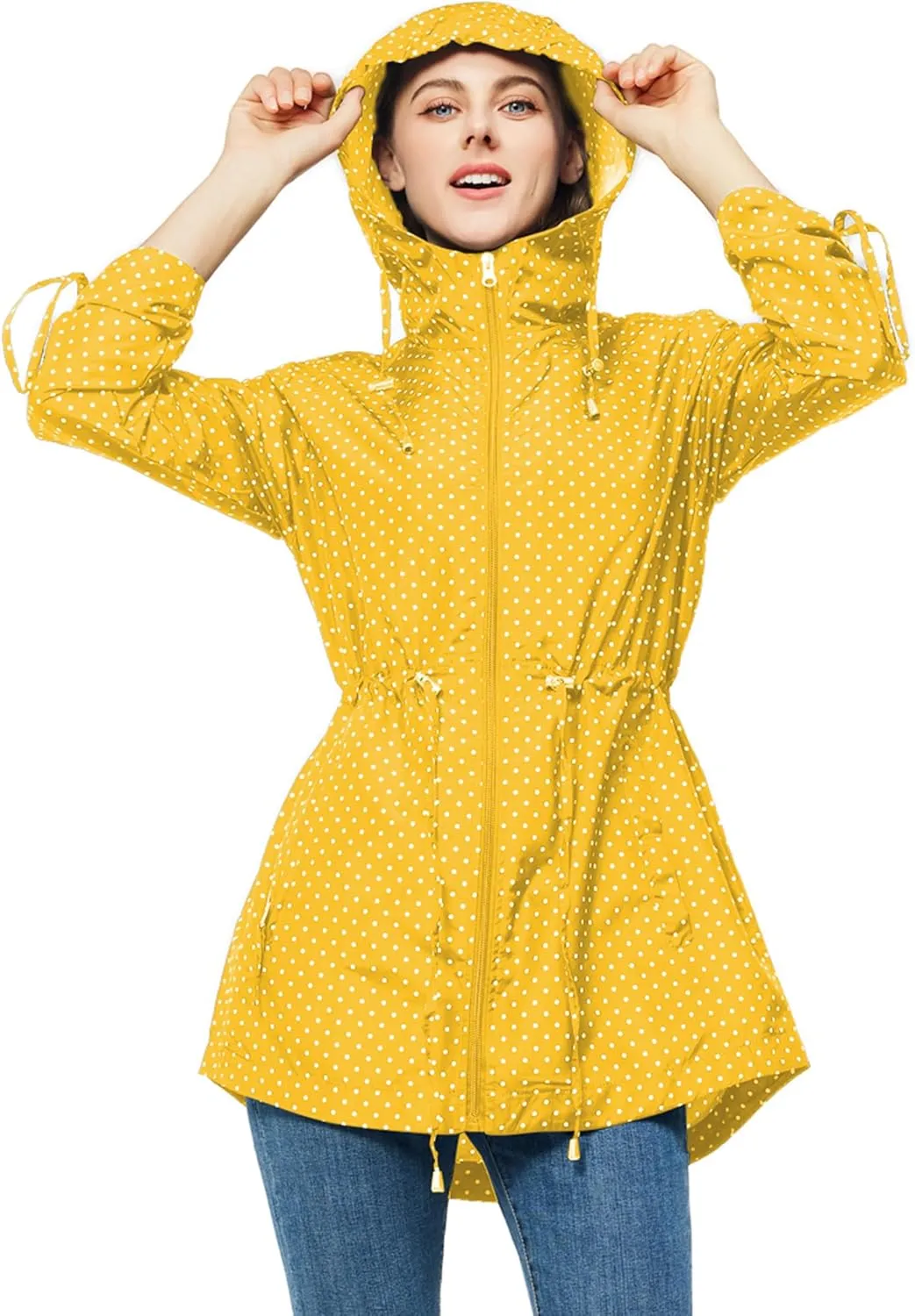 TRATENBY Rain-Jacket Women-Waterproof Lightweight-Packable Hood-Raincoat — Travel Windbreaker Coat in A Pouch Polka Dot