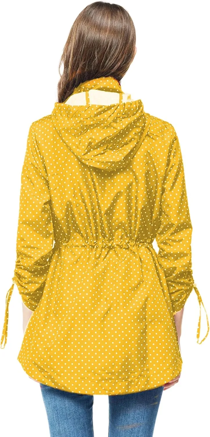 TRATENBY Rain-Jacket Women-Waterproof Lightweight-Packable Hood-Raincoat — Travel Windbreaker Coat in A Pouch Polka Dot