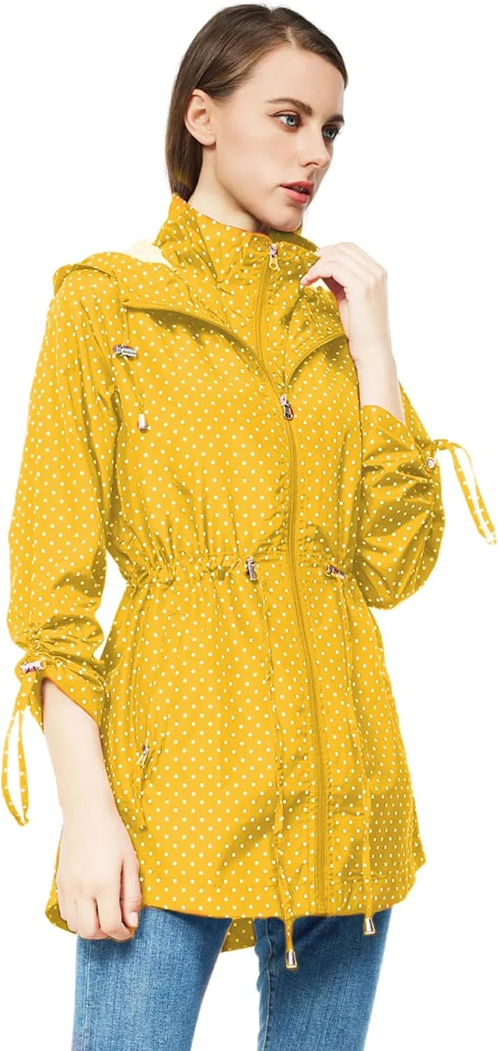 TRATENBY Rain-Jacket Women-Waterproof Lightweight-Packable Hood-Raincoat — Travel Windbreaker Coat in A Pouch Polka Dot
