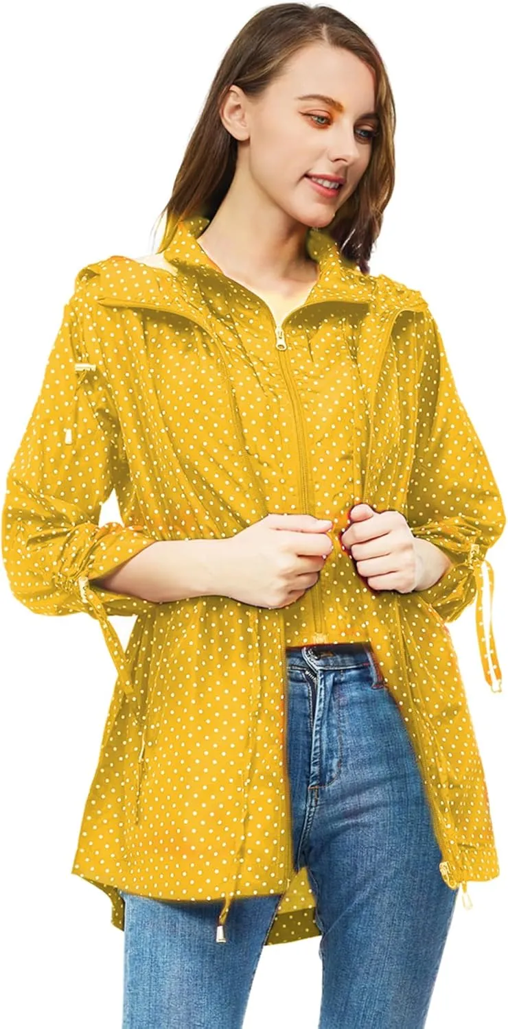 TRATENBY Rain-Jacket Women-Waterproof Lightweight-Packable Hood-Raincoat — Travel Windbreaker Coat in A Pouch Polka Dot
