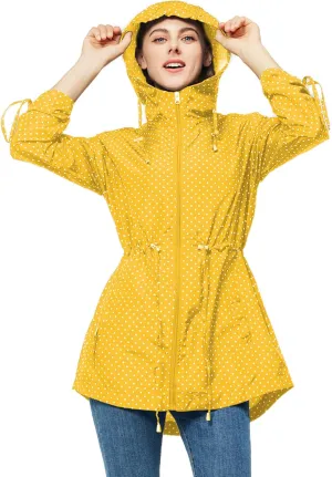 TRATENBY Rain-Jacket Women-Waterproof Lightweight-Packable Hood-Raincoat — Travel Windbreaker Coat in A Pouch Polka Dot