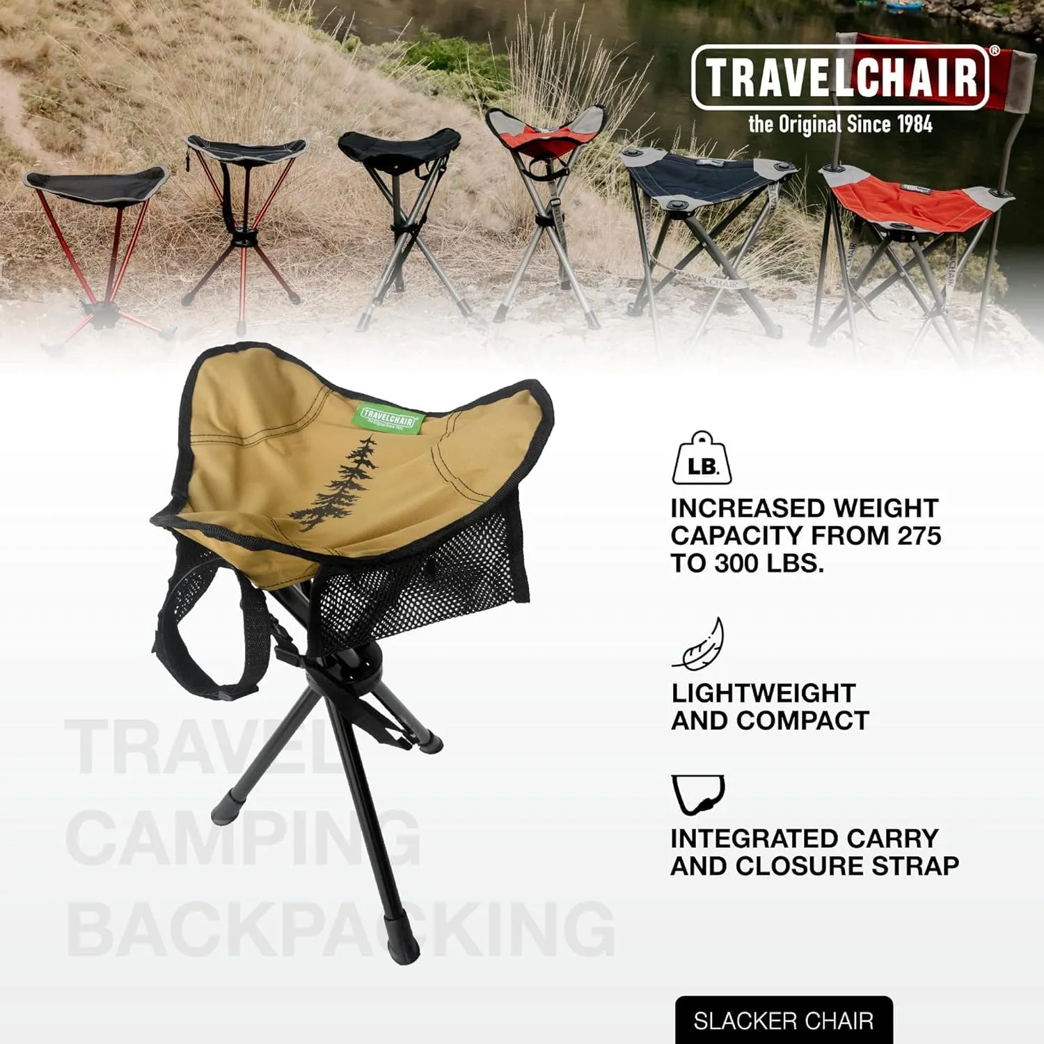 Travel Chair Slacker Tripod Chair for Camping, Lightweight Chair, Adjustable Carry Strap for Easy Transport Made with Recycled Fabric Perfect for Outdoor Adventures, Repreve (Brown/Khaki)