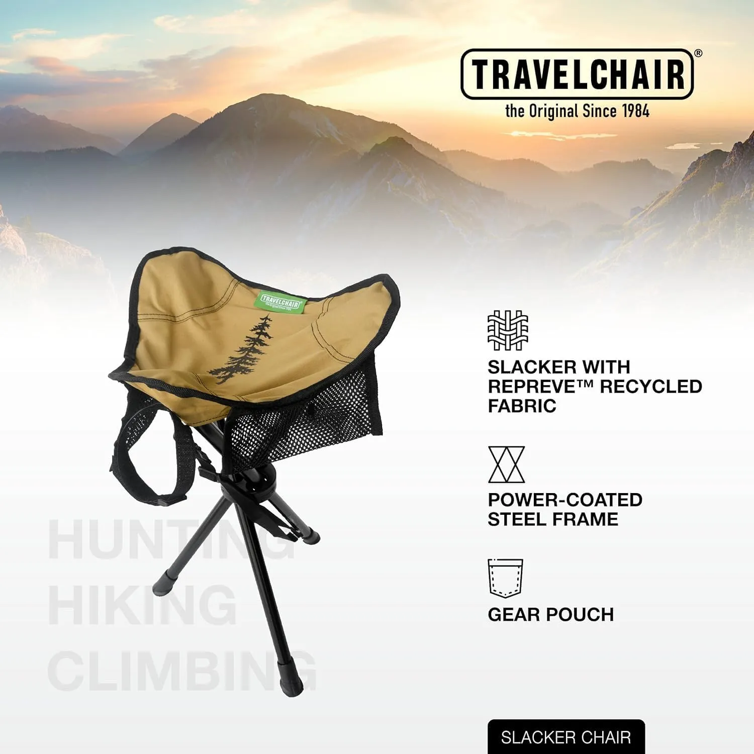 Travel Chair Slacker Tripod Chair for Camping, Lightweight Chair, Adjustable Carry Strap for Easy Transport Made with Recycled Fabric Perfect for Outdoor Adventures, Repreve (Brown/Khaki)