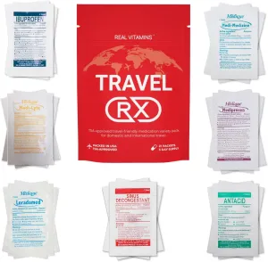 Travel RX Medicine Kit - Bulk Travel Medicine Kit with Individually Wrapped Medicine & Bag for Indigestion, Motion Sickness & More by Real Vitamins (1 Kit)