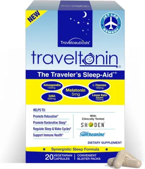 Travel Sleep Aid | Get Jet Lag Relief, Restorative Sleep, Immune Support | Flight, Hotel Essential | 5-in-1 Formula w/Melatonin, Ashwagandha, L-Theanine, GABA, Lemon Balm | 20 Capsules | Blister Packs