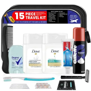 Trektote Travel Toiletry Kit For Men – 15 Piece Set of Travel Size Toiletries, TSA Compliant, Includes Dove Shampoo And Conditioner, Gillette Travel Size Shave Cream, Reusable Toiletry Bag & More