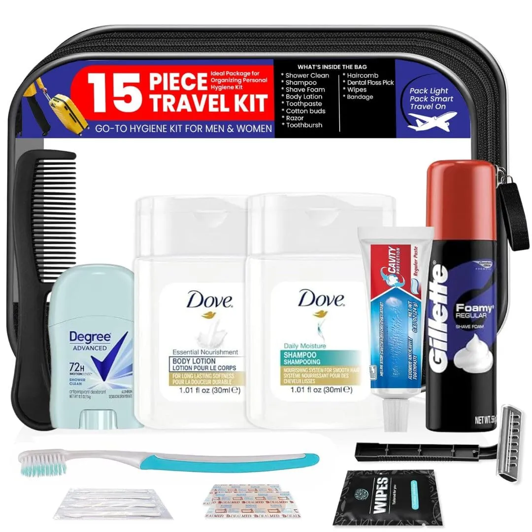 Trektote Travel Toiletry Kit For Men – 15 Piece Set of Travel Size Toiletries, TSA Compliant, Includes Dove Shampoo And Conditioner, Gillette Travel Size Shave Cream, Reusable Toiletry Bag & More