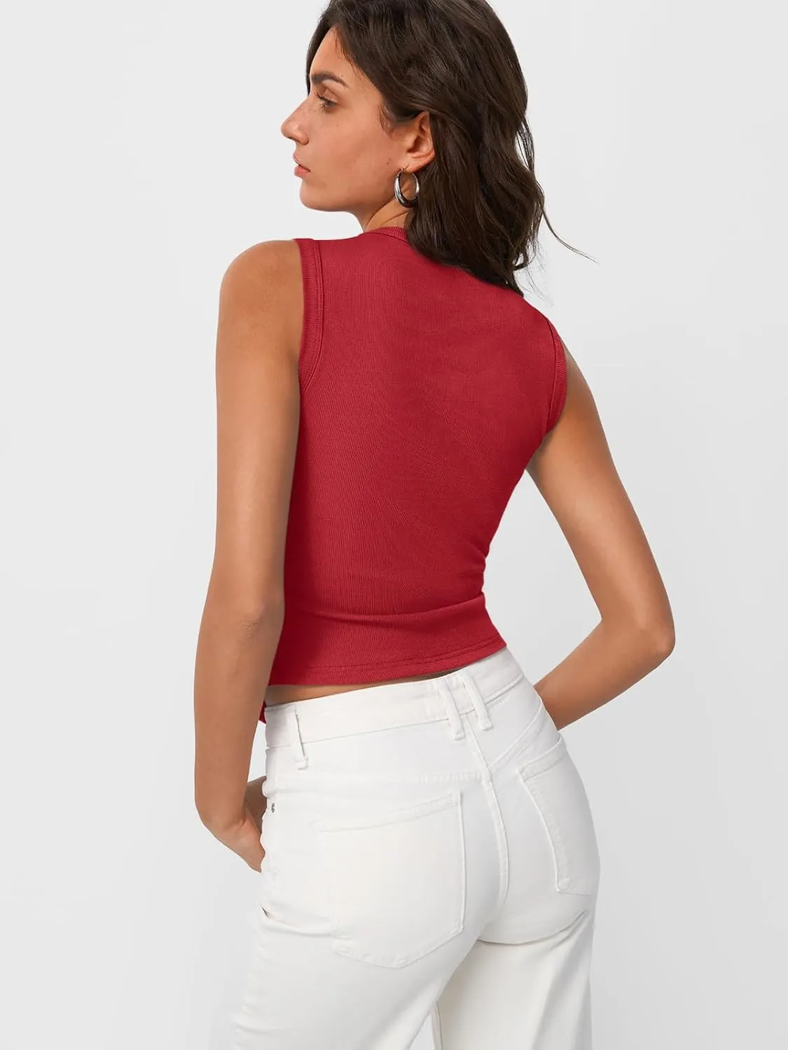 Trendy Queen Womens Ribbed Button Down Sleeveless Shirts Summer Going Out Cropped Tank Top