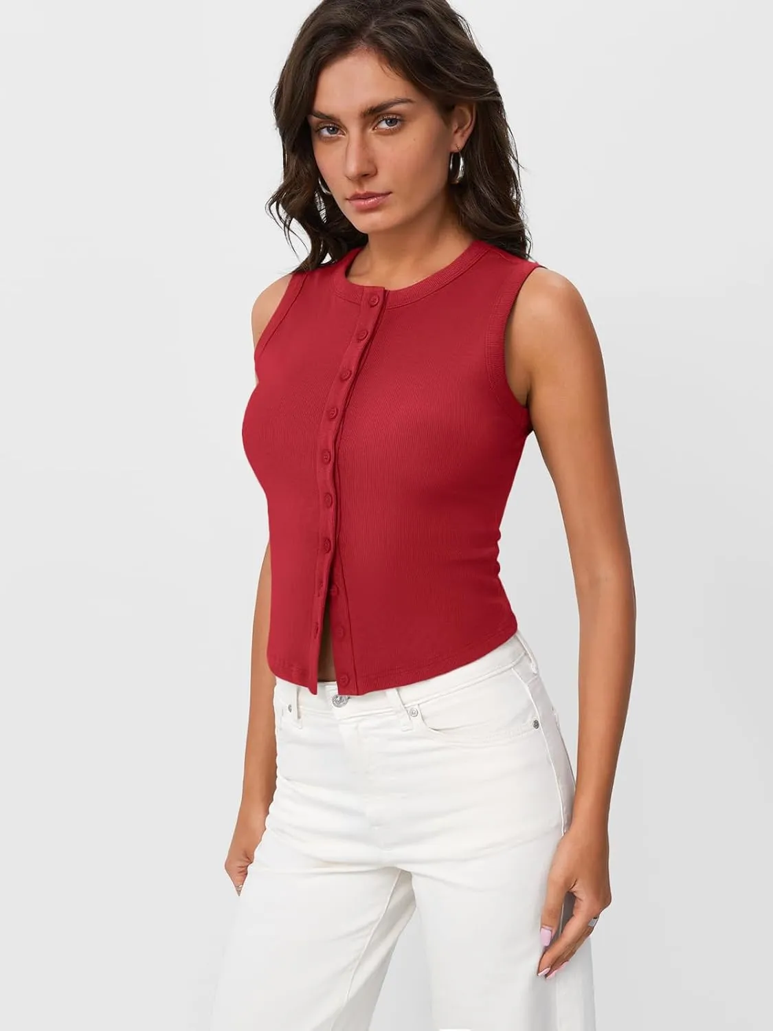 Trendy Queen Womens Ribbed Button Down Sleeveless Shirts Summer Going Out Cropped Tank Top