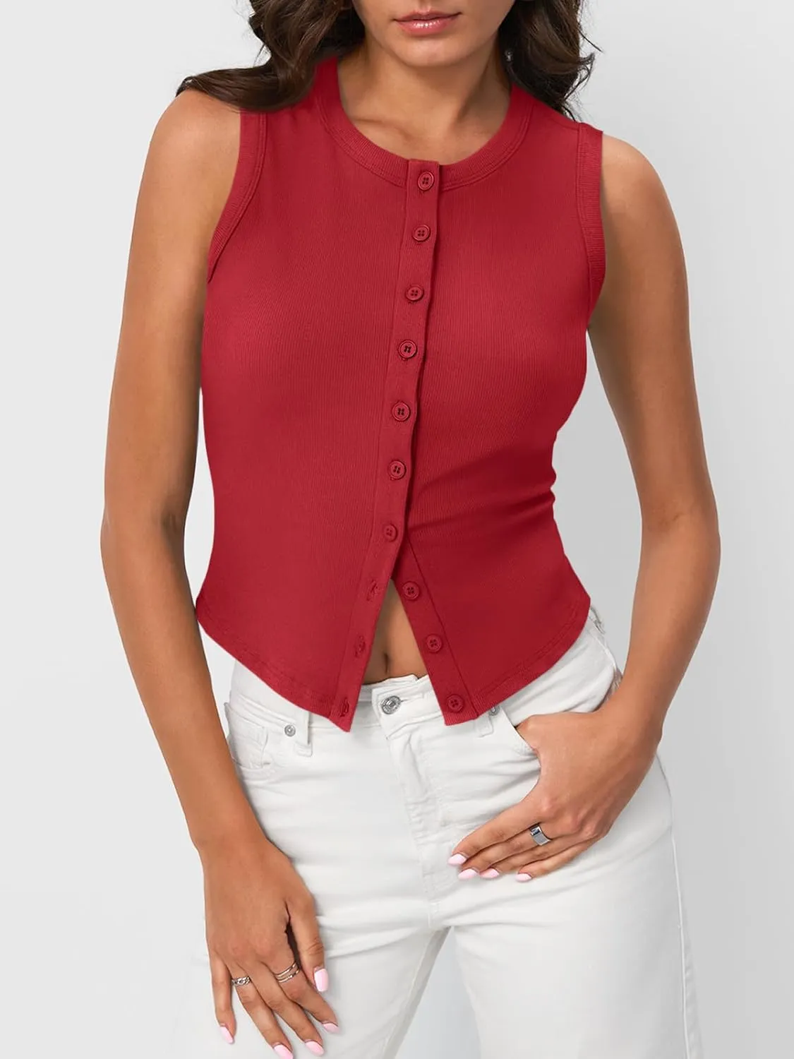 Trendy Queen Womens Ribbed Button Down Sleeveless Shirts Summer Going Out Cropped Tank Top