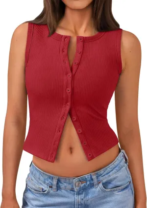 Trendy Queen Womens Ribbed Button Down Sleeveless Shirts Summer Going Out Cropped Tank Top