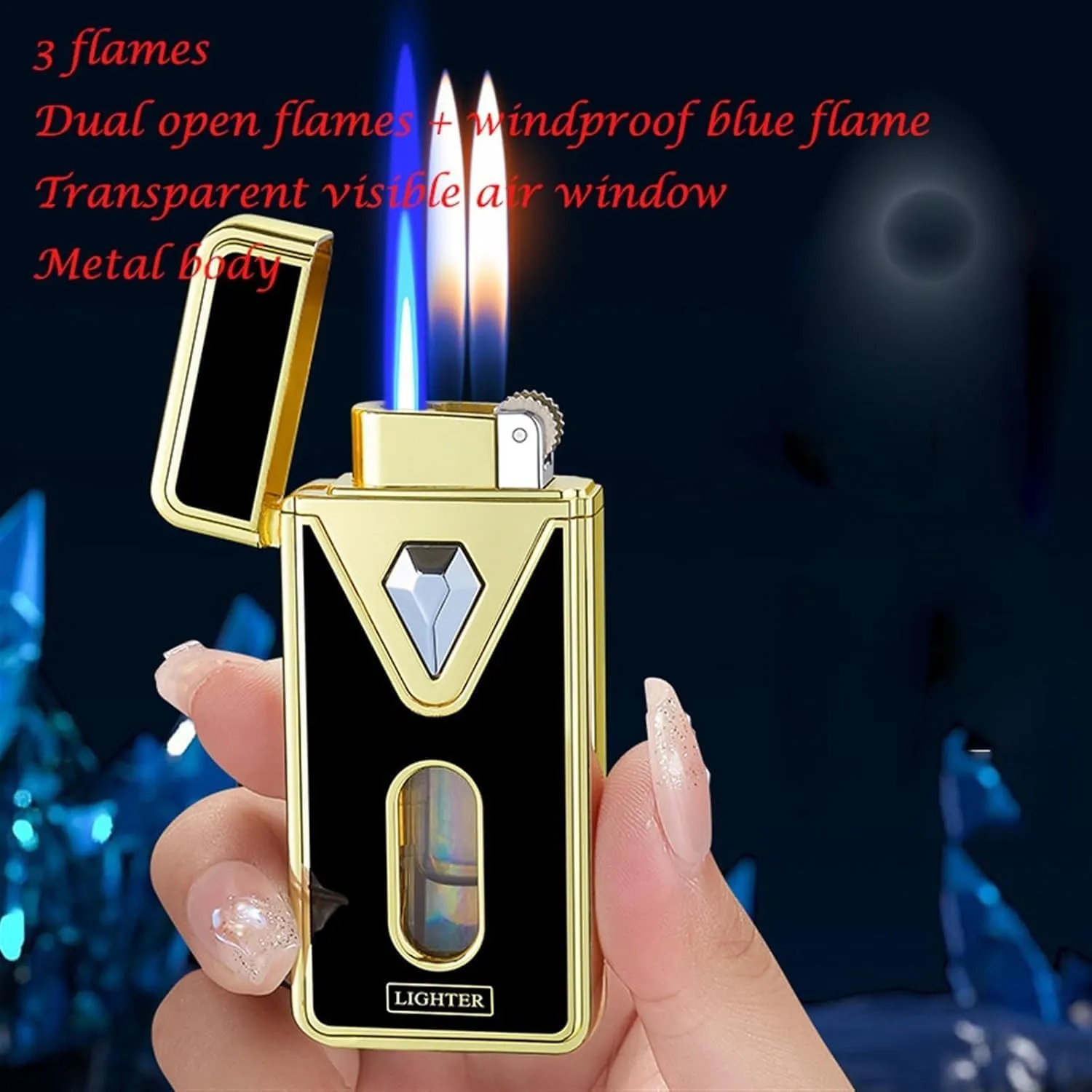 Triple Jet Torch Lighter - Adjustable Dual Flame System (Soft/Blast/Turbo) with Retro Flint Wheel & Visible Fuel Gauge, Hurricane-Proof Wind Resistance Butane Lighter(#5)
