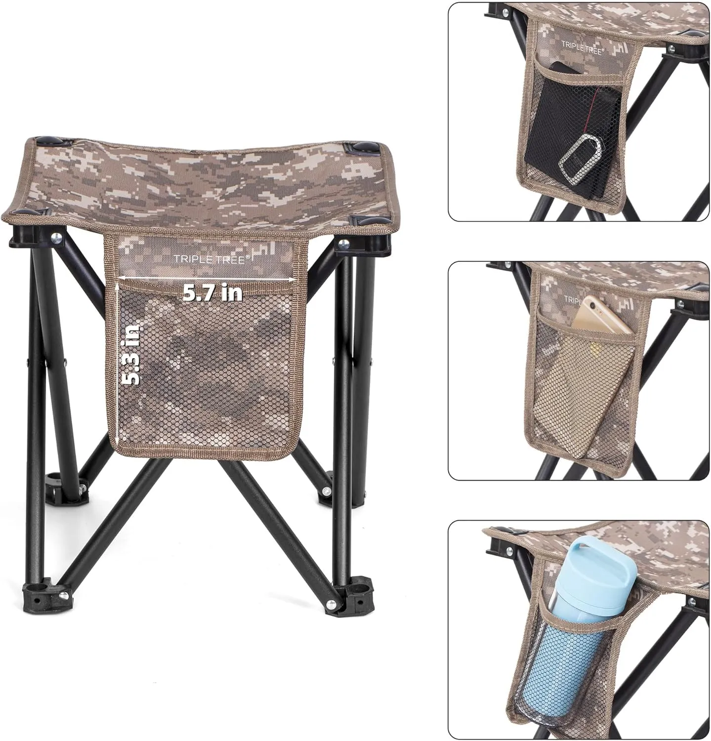 Triple Tree 2 Pack Folding Camping Stool, 13.8 Inch Small Portable Lightweight Stool with Side Pocket, Foot Stool with Carry Bag for Hiking, Fishing and Beach, Hold up to 400lbs, Camouflage