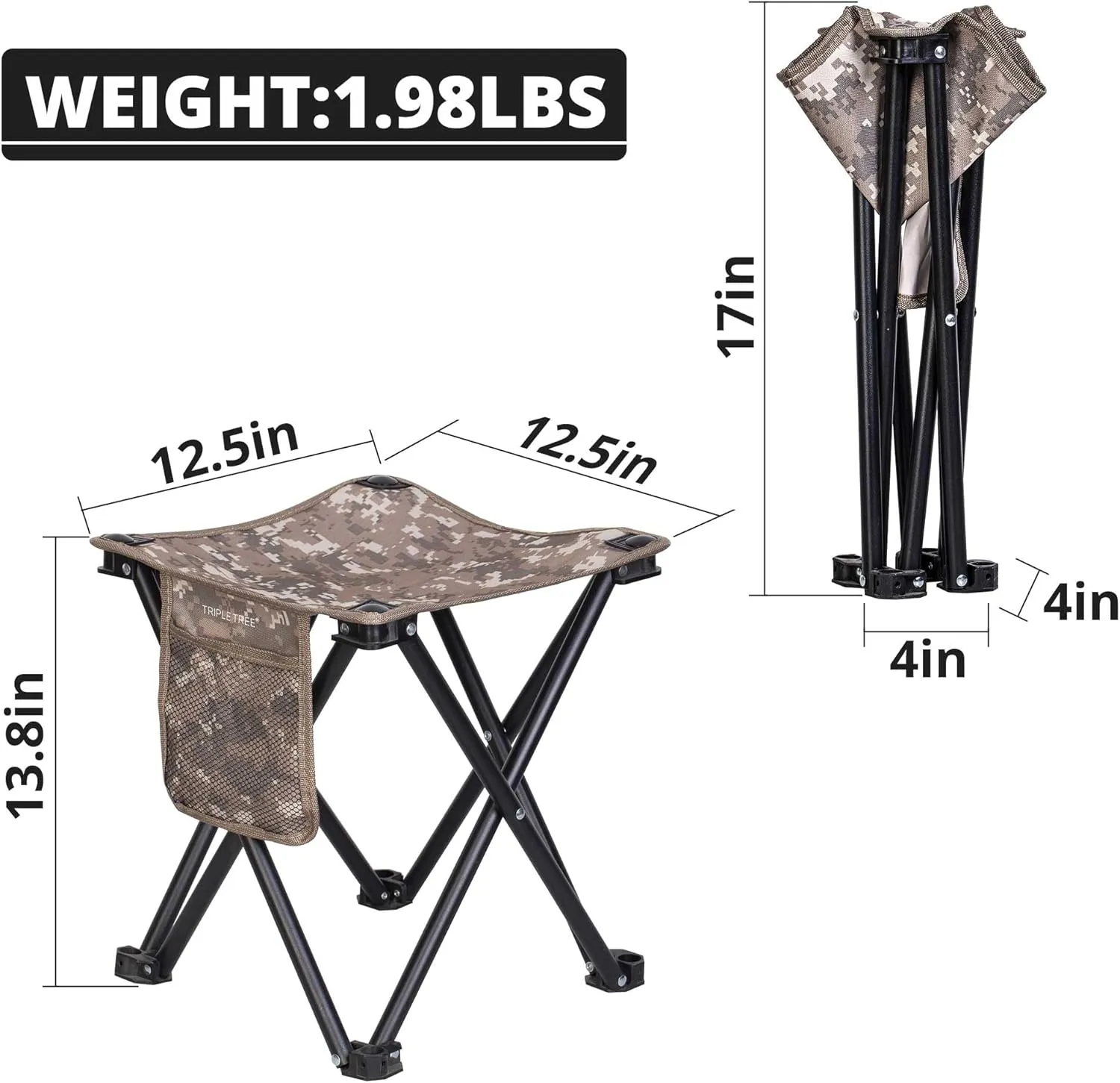 Triple Tree 2 Pack Folding Camping Stool, 13.8 Inch Small Portable Lightweight Stool with Side Pocket, Foot Stool with Carry Bag for Hiking, Fishing and Beach, Hold up to 400lbs, Camouflage