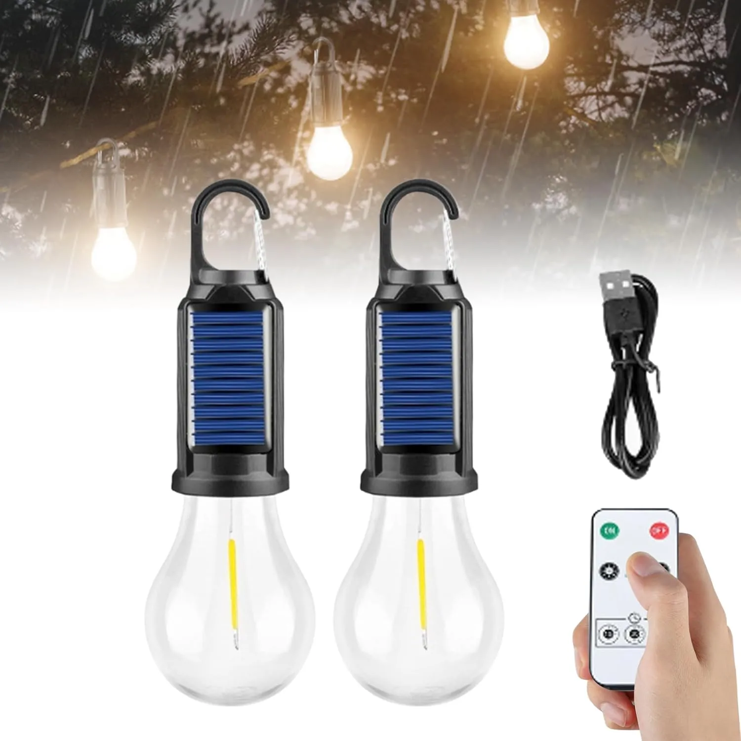 Truthous Solar Camping Light - 2025 New Solar Rechargeable Hooked Camping Light, Hanging Lights Bulb Outdoor Waterproof for Emergencies, Remote Control Three-Level Adjustment (2PCS)