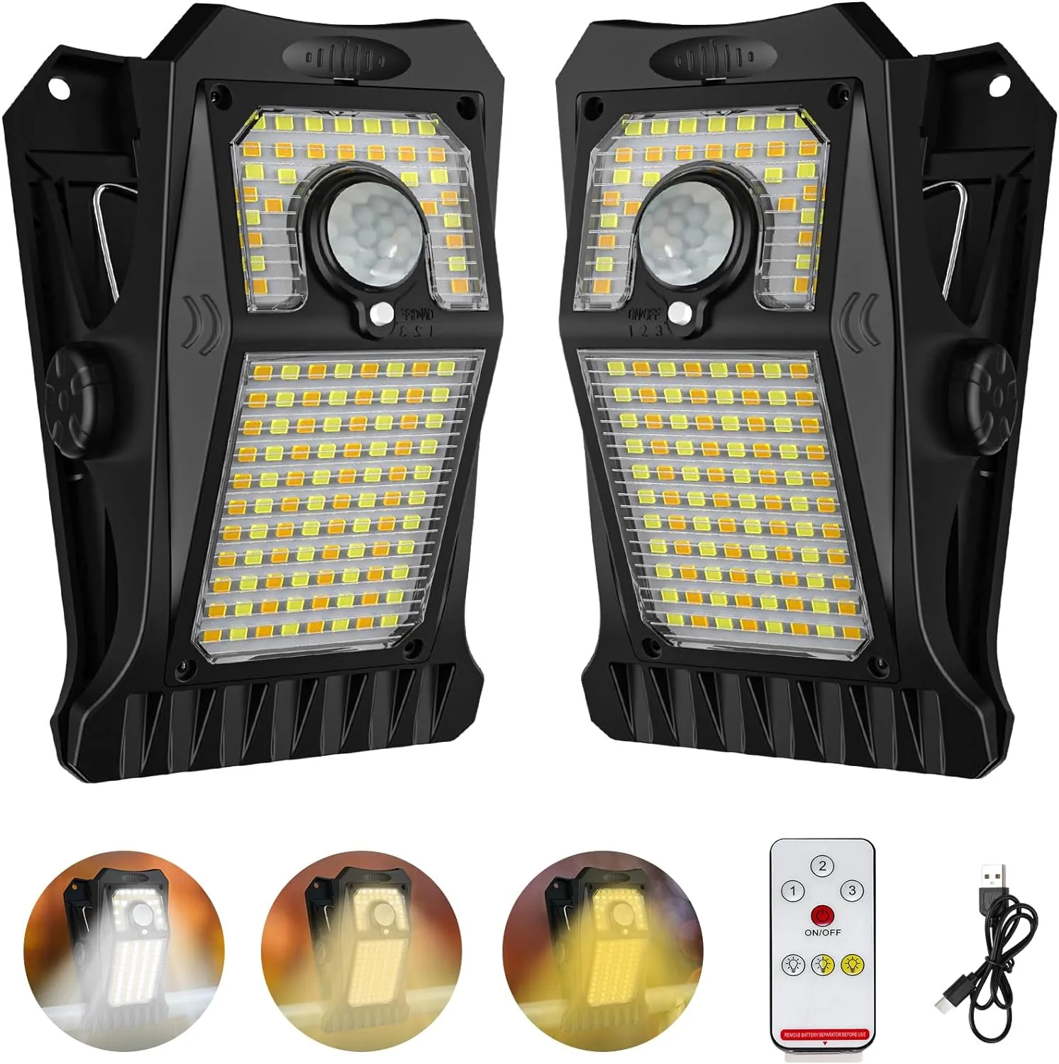 Tryme 118Leds Solar Lights Outdoor Clip Motion Sensor Lights Security Light 3 Modes, 3 Color Temperature, Solar Powered, USB Charging (2 Pack)
