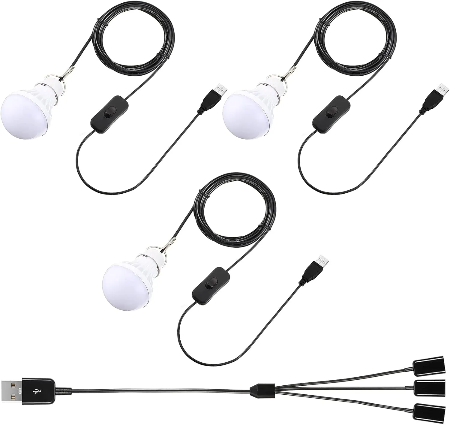Tuanse 3pcs USB LED Light Bulbs Portable Camping Lights 5w with USB Splitter Cable 1 to 3, 8.2ft Extra Length Cord Tent Latern Outdoor Emergency Bulb for Garage Warehouse Truck Fishing Warm White