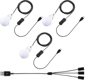 Tuanse 3pcs USB LED Light Bulbs Portable Camping Lights 5w with USB Splitter Cable 1 to 3, 8.2ft Extra Length Cord Tent Latern Outdoor Emergency Bulb for Garage Warehouse Truck Fishing Warm White