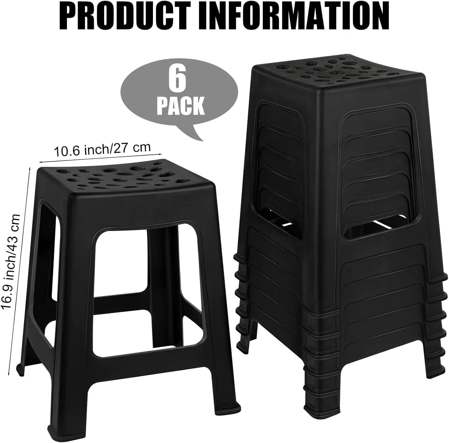 TURSTIN 6 Pack Plastic Stools 16.9 Inch Black Nesting Stools Portable Backless Bar Stool Flexible Seating Chairs for Classroom Office Home