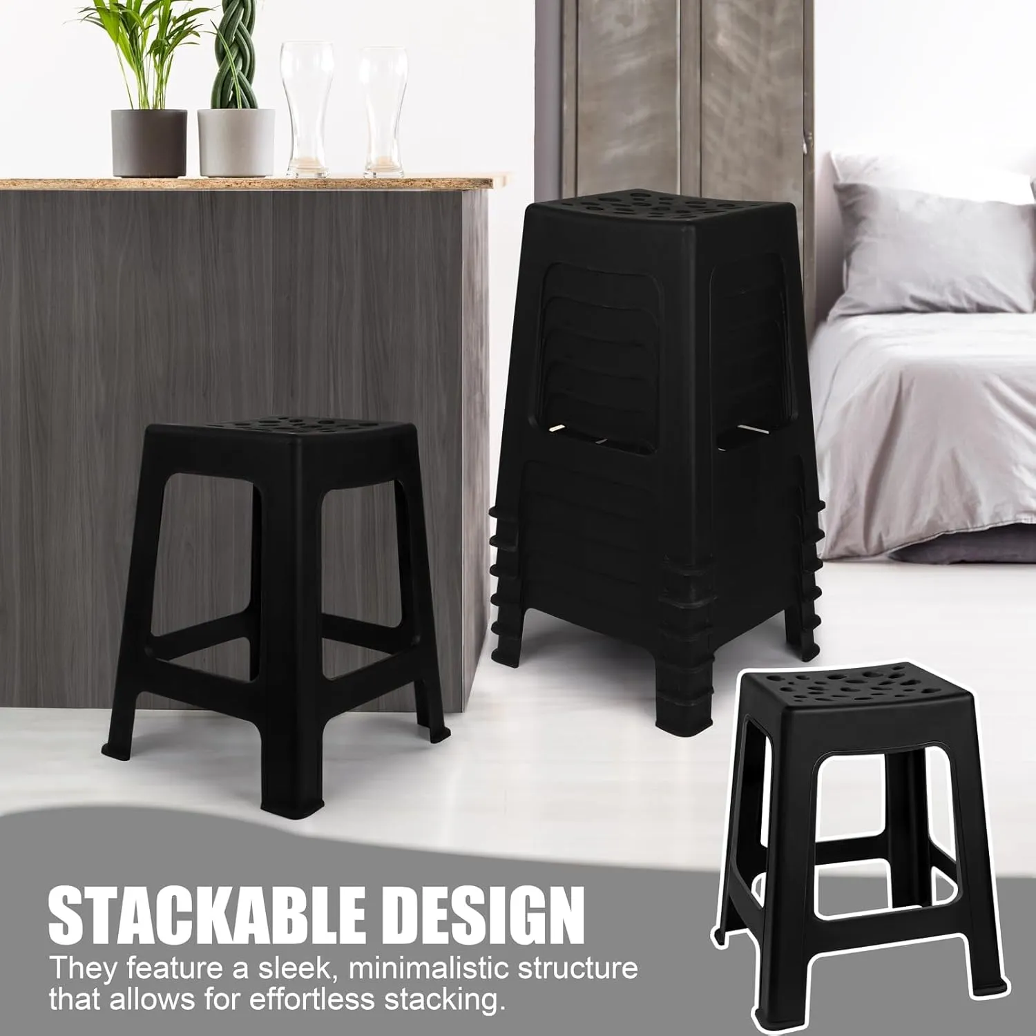 TURSTIN 6 Pack Plastic Stools 16.9 Inch Black Nesting Stools Portable Backless Bar Stool Flexible Seating Chairs for Classroom Office Home