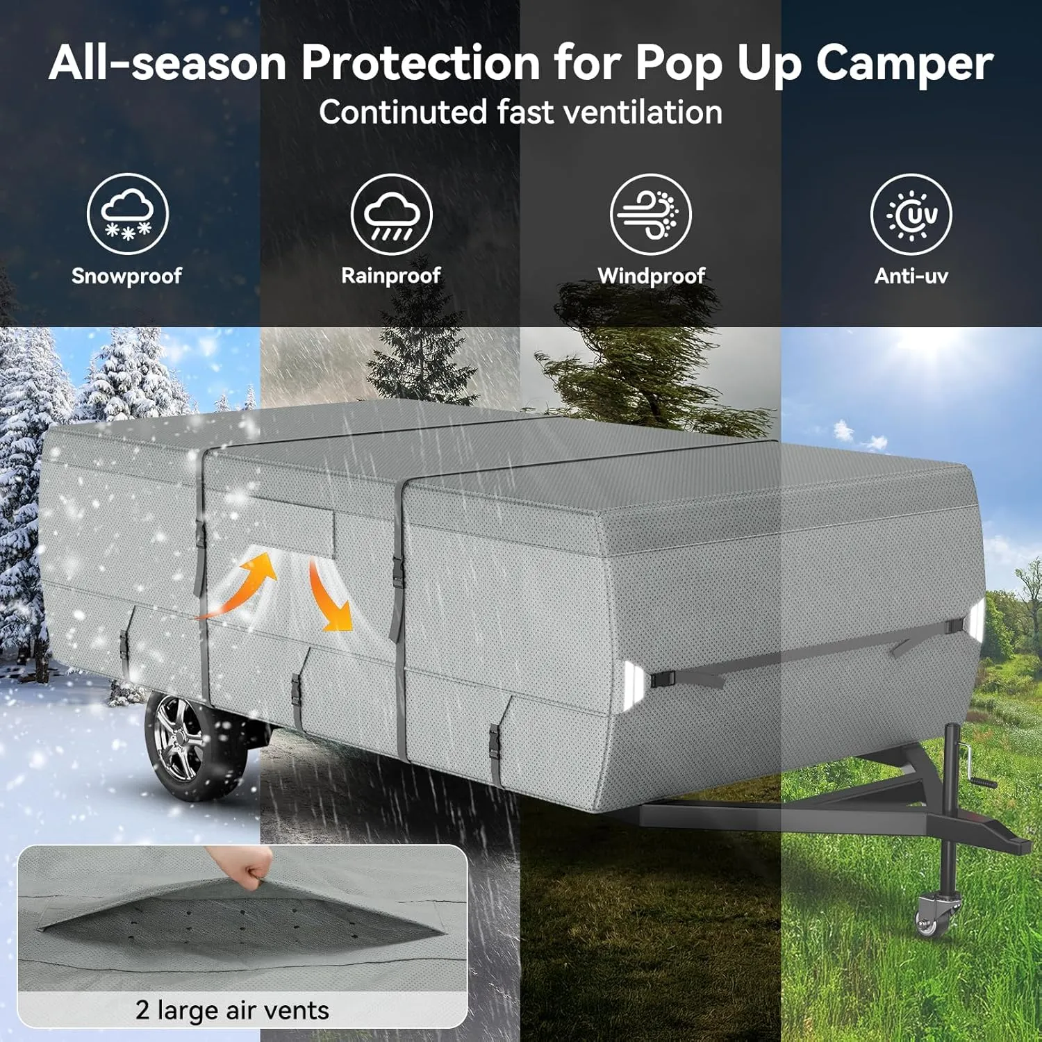 Tuszom Pop Up Camper Cover, 7 Layers Waterproof Folding Camping Trailer Cover for Snow Upgraded Tearproof RV Cover with 5 2 Windproof Strapsand Storage Bag (Gray, Fits 10' - 12')