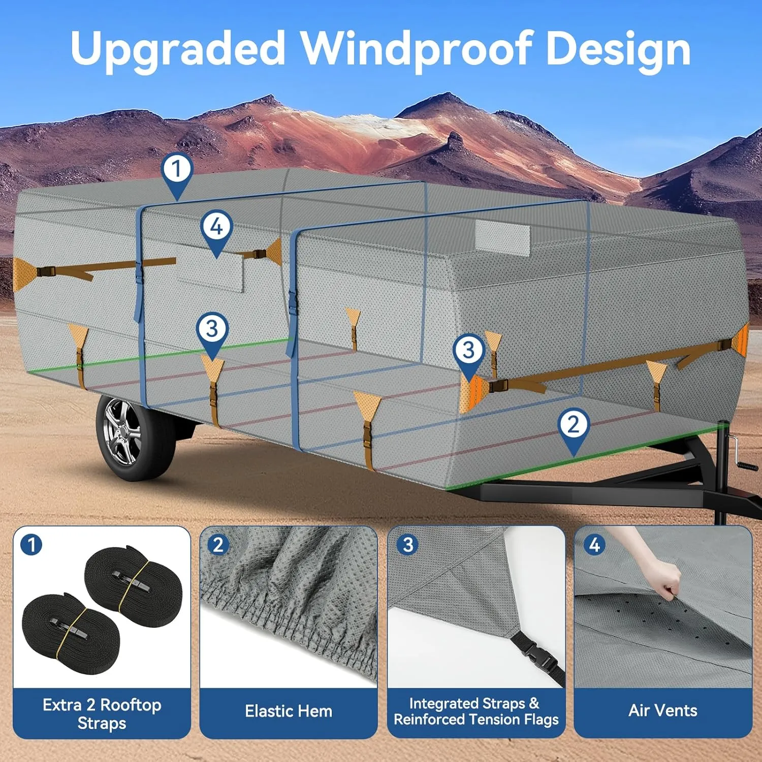 Tuszom Pop Up Camper Cover, 7 Layers Waterproof Folding Camping Trailer Cover for Snow Upgraded Tearproof RV Cover with 5 2 Windproof Strapsand Storage Bag (Gray, Fits 10' - 12')