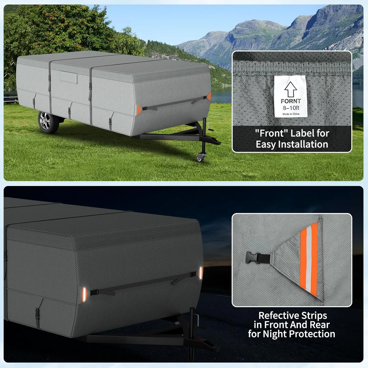 Tuszom Pop Up Camper Cover, 7 Layers Waterproof Folding Camping Trailer Cover for Snow Upgraded Tearproof RV Cover with 5 2 Windproof Strapsand Storage Bag (Gray, Fits 10' - 12')