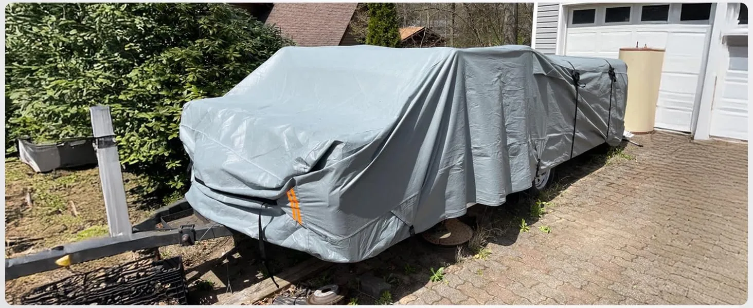 Tuszom Pop Up Camper Cover, 7 Layers Waterproof Folding Camping Trailer Cover for Snow Upgraded Tearproof RV Cover with 5 2 Windproof Strapsand Storage Bag (Gray, Fits 10' - 12')