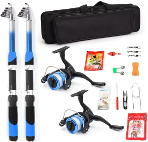 Ultra Light Fishing Rod Reel Combo Full Kit with 2PCS 2.1m Telescopic Fishing Rods Reels Fishing Lures Hooks Accessories Fishing Bag, Blue