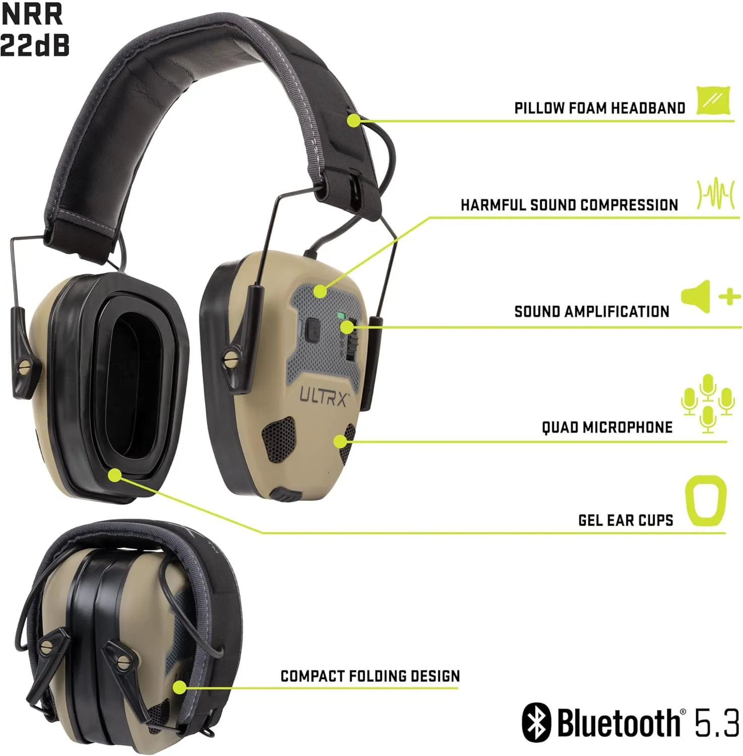 ULTRX Bionic Fuse Bluetooth Earmuff - Hearing protection, noise reduction for shooting, yardwork, construction, and more.
