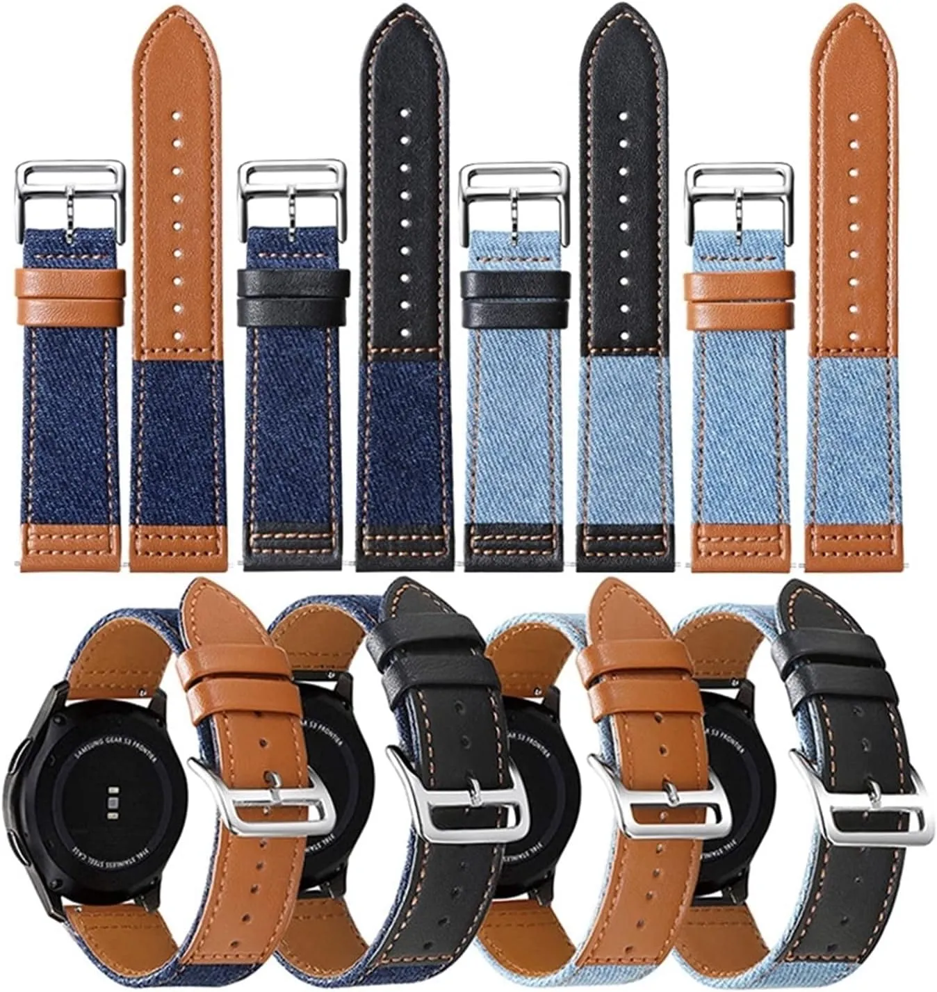 Universal Strap,22mm Quick Release Denim and Leather Military Sports Splicing Watch Strap Retro Sweat Absort Watchband Accessories(Brown with Light Blue)