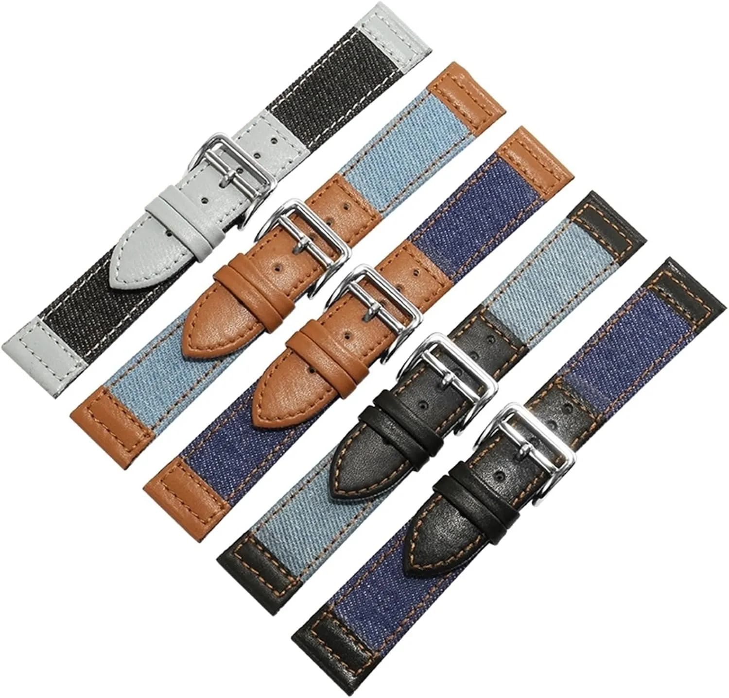 Universal Strap,22mm Quick Release Denim and Leather Military Sports Splicing Watch Strap Retro Sweat Absort Watchband Accessories(Brown with Light Blue)