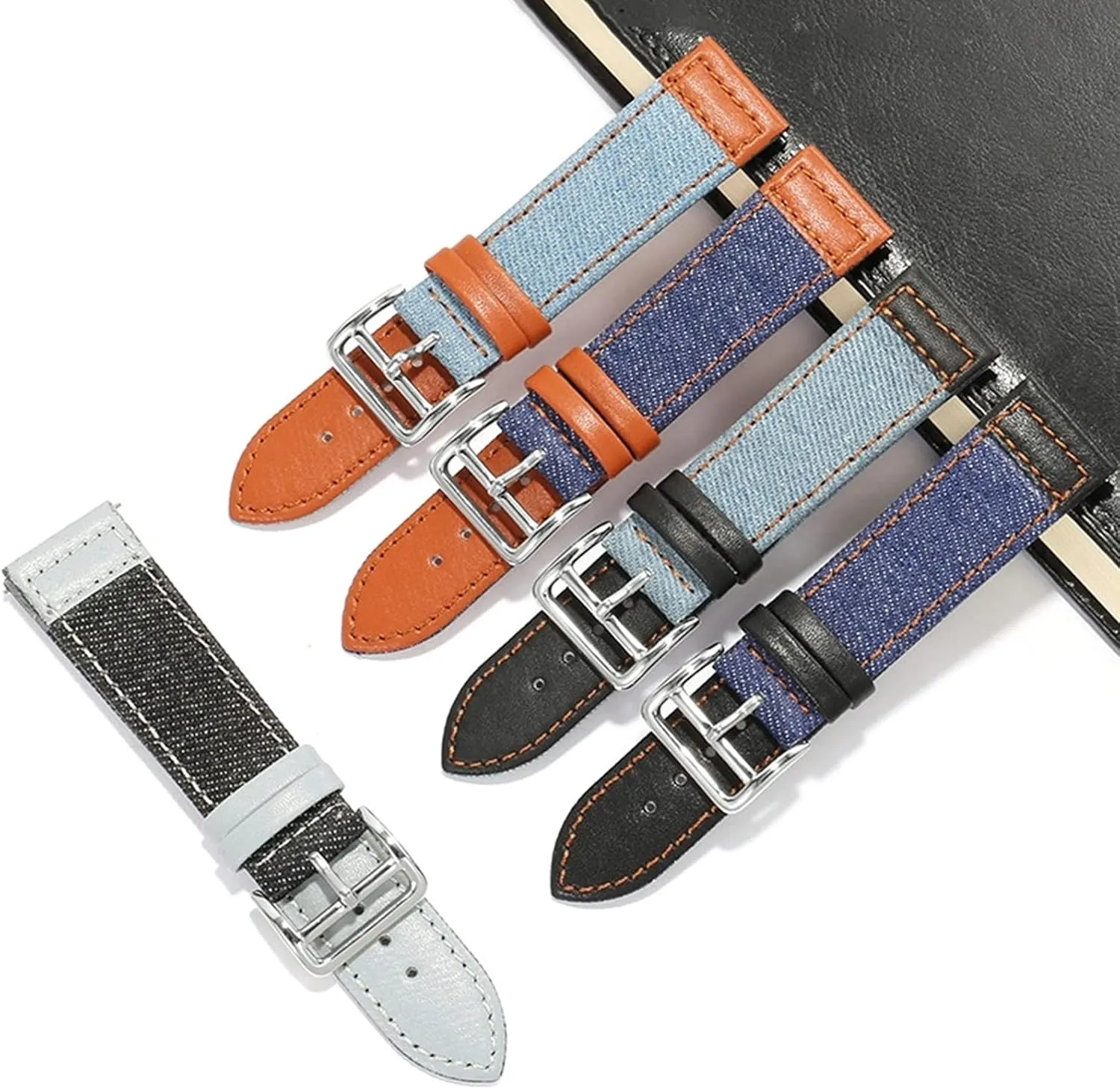 Universal Strap,22mm Quick Release Denim and Leather Military Sports Splicing Watch Strap Retro Sweat Absort Watchband Accessories(Brown with Light Blue)