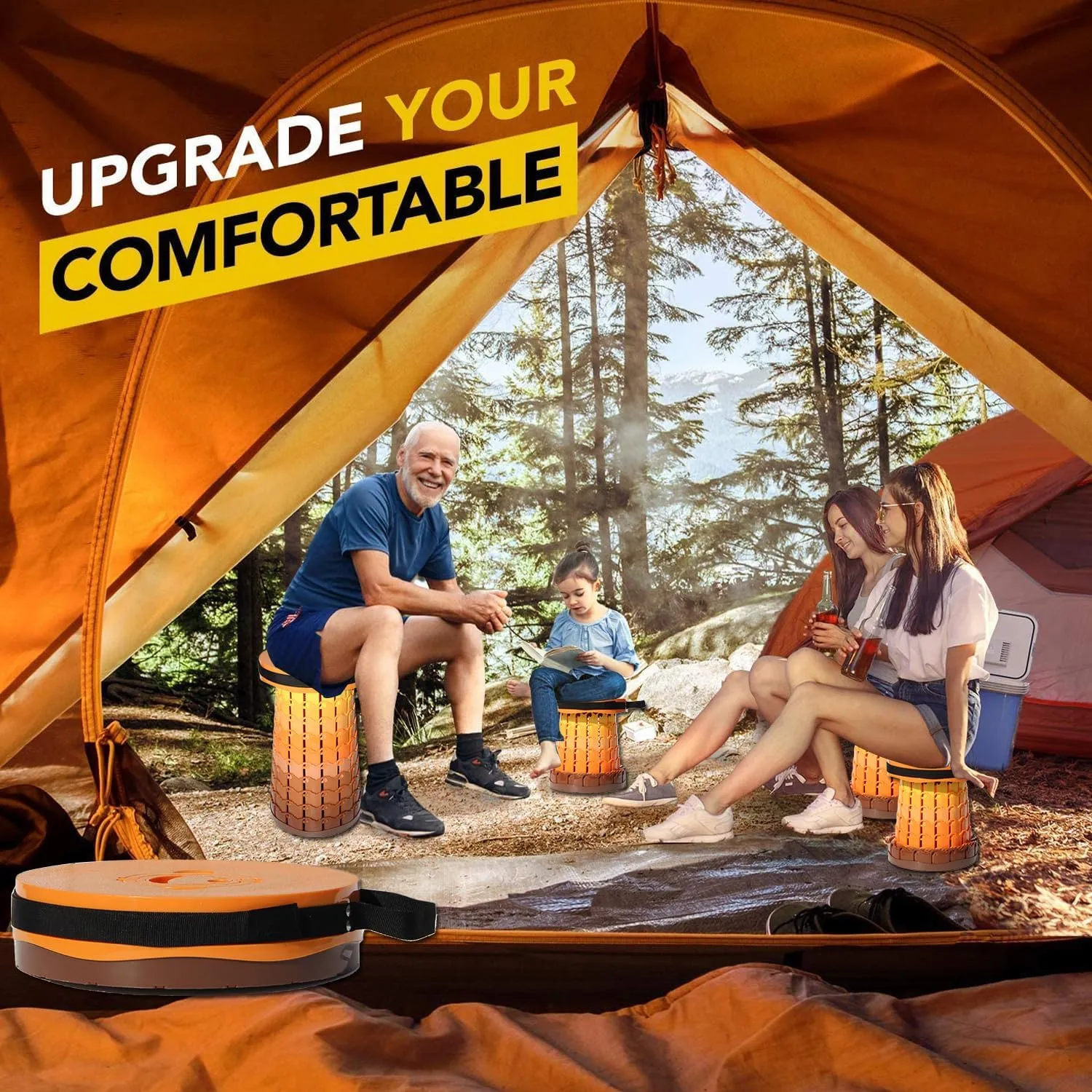 Upgraded 19.7"Portable Collapsible Folding Stool with Cushion Retractable Telescoping Foldable Stool for Adults Heavy Duty Camping Sturdy with Max Load Capacity 1000lbs for Outdoor Fishing Hiking BBQ
