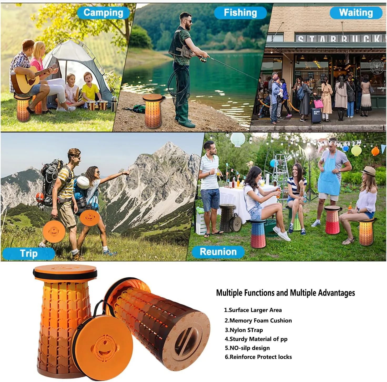 Upgraded 19.7"Portable Collapsible Folding Stool with Cushion Retractable Telescoping Foldable Stool for Adults Heavy Duty Camping Sturdy with Max Load Capacity 1000lbs for Outdoor Fishing Hiking BBQ