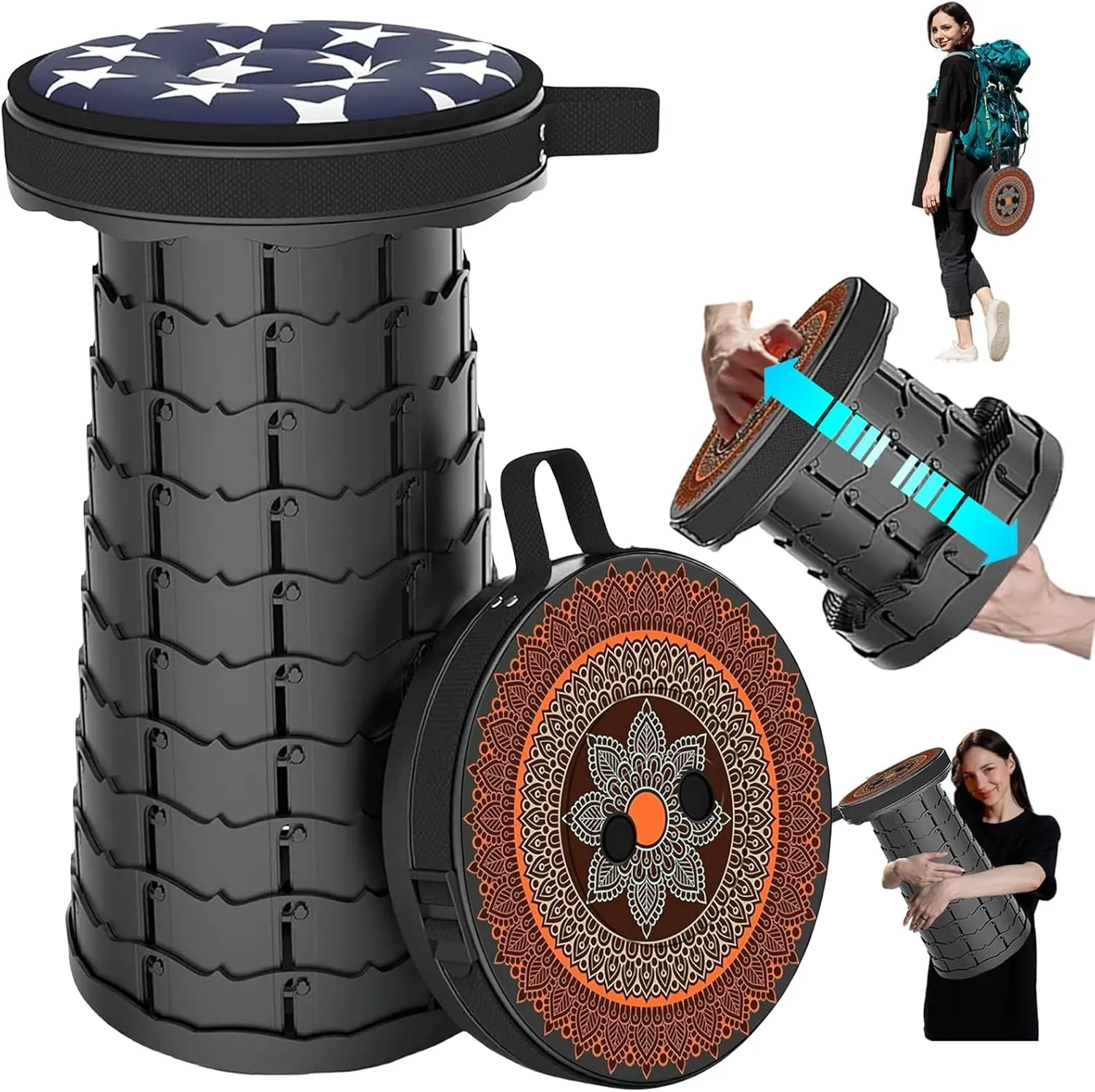 Upgraded Collapsible Stool with Cushion,Portable Stool for Adults,Load Capacity 440Ibs,Lightweight Telescoping Stool for Camping Fishing Hiking with Carry Bag