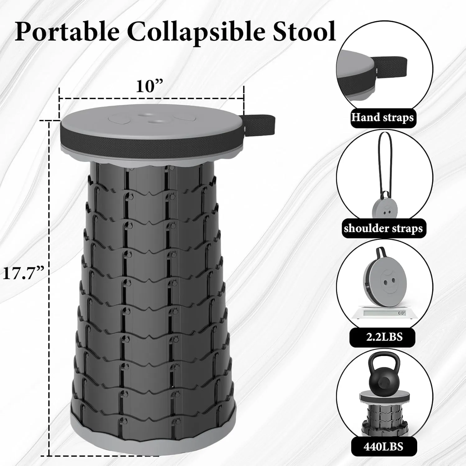 Upgraded Folding Stool with Carabiner,Lightweight Yet More Sturdy with Load Capacity 440lb Portable Collapsible Stool Retractable Stool for Camping Fishing Hiking BBQ Garden